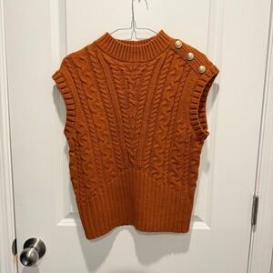Laundry by Shelli Segal Women Sweater Vest Cable Knit Button Shoulder Rust Small